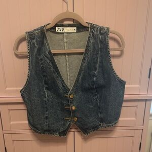 Zara Dark Blue Denim Buttoned Vest